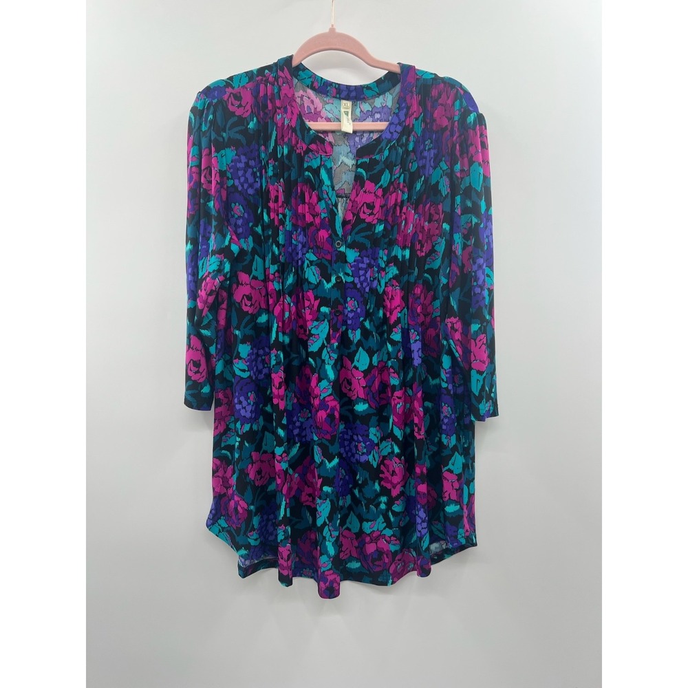 NWT La Cera Pleat Front Tunic Top Women's‎ XL Multicolor Floral Print Classic